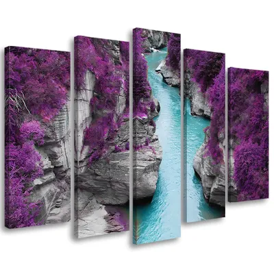 Produktbild von 5-teiliges leinwandbild purple creek landschaft 150x100 cm Feeby lila wandbild bereit zum aufhängen