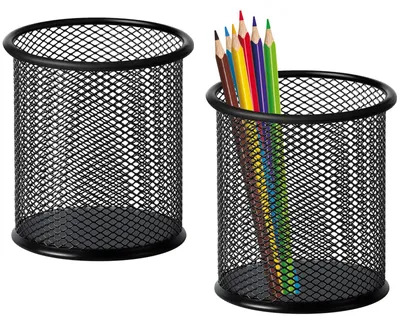 Produktbild von Set mit 2 Stifthaltern, schwarze runde Stifthalter aus Metallgitter, Schreibtisch-Stifthalter, 9 x 9 x 10 cm