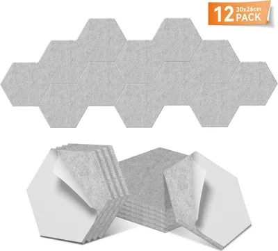 Obrázek produktu pro Akustické panely YARDIN Hexagon 30 x 26 cm, světle šedé, 12 kusů, samolepicí, polyesterový filc 1200 g/m², zvukově izolační panely pro nahrávací studia, domácí kina, hudební místnosti, karaoke, kanceláře a bary