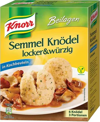 A product box for Knorr Semmel Knödel with a depiction of the prepared dish.