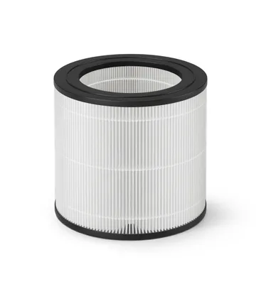 A cylindrical air filter on a white background.