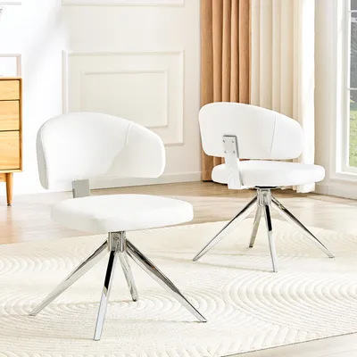 Image de Ensemble de deux chaises de salle à manger modernes, avec dossier incurvé, assises rembourrées en similicuir PU, structure métallique stable à 4 pieds, pivotantes, pour salon, cuisine ou bureau, couleur blanche