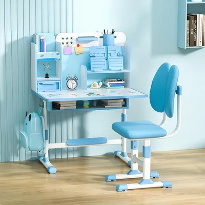 Produktbild von Kinderschreibtisch und Stuhl Set, Höhenverstellbarer Schreibtisch Kinder mit Schublade, Kinder Tisch Stuhl Set für 3-18 Jahre, Schreibtischstuhl Kinder mit Bücherständer & Rucksackhaken (Blau)