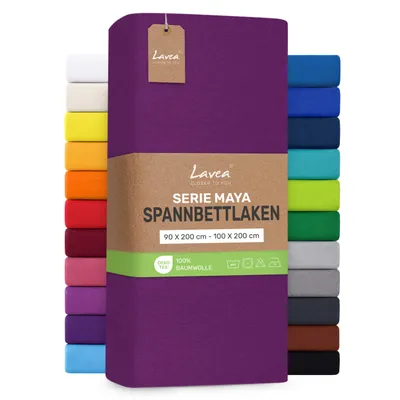 Produktbild von Lavea® Spannbettlaken 90x200cm - 100x200cm, Maya, 100% Baumwolle – Weiches, atmungsaktives Bettlaken für Matratzen bis 20cm - Fliederlila