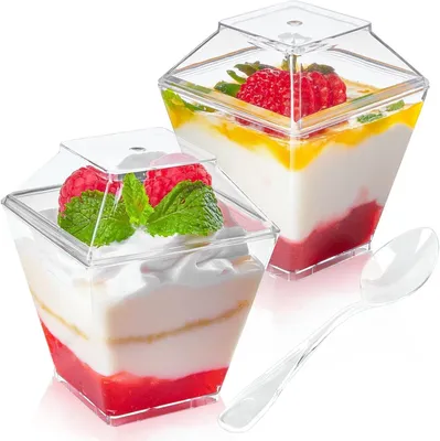 Image de Lot de 50 gobelets en plastique pour desserts, de 60 ml, avec 50 cuillères et 50 couvercles
