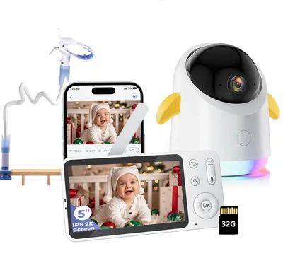 Image de babyphone 2K avec caméra APP 360° 5" WLAN Vidéo Babyphone RGB Vision nocturne Pleurs/Détection de mouvements/bruits Indicateur de température avec support & carte 32G