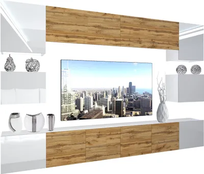 Produktbild von BELINI Wohnwand Vollausstattung Wohnzimmer-Set Moderne Schrankwand mit LED-Beleuchtung Weiß Glänzend Anbauwand TV-Schrank Weiß / Eiche Wotan Glänzend/Matt