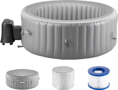 Produktbild von VEVOR Aufblasbare Badewanne für 2 bis 4 Personen (180 x 66 cm), rund & tragbar, mit 110 wohltuenden Düsen & Filter & Abdeckung & Matte & multifunktionalem Bedienfeld, PVC-Spa Pool Outdoor, grau