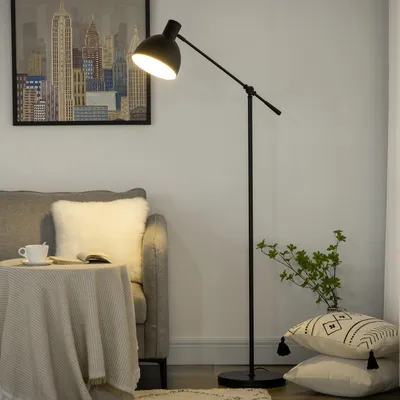 Image de HOMCOM Lampadaire sur pied salon, lampe sur pied 40 W, hauteur réglable, abat-jour et bras orientable, culot E27, lampadaire salon, chambre, bureau, Ø 30 x 131-155 cm, noir