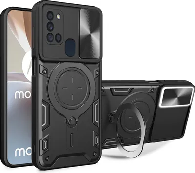 Immagine prodotto di Custodia per Samsung Galaxy A21s custodia resistente a doppio strato con copertura della fotocamera e supporto ad anello nero