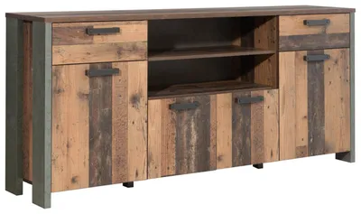 Sideboard Kommode CLIF in Old Wood Vintage mit vier Holztüren, zwei Schubladen und offenen Fächern, dunkelgraue Betonoptik.