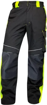 A pair of black and yellow work pants displayed against a white background.