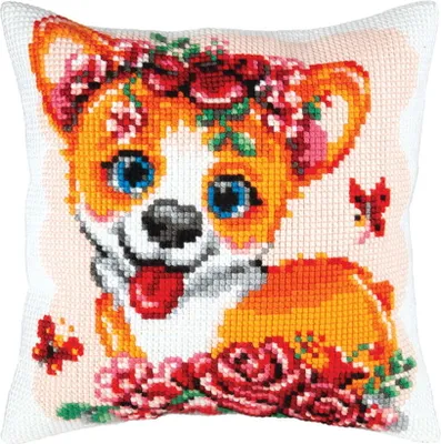 Zdjęcie produktu dla Zestaw poduszek do haftu krzyżykowego CDA "Szczeniak Corgi", z nadrukiem, 40x40cm