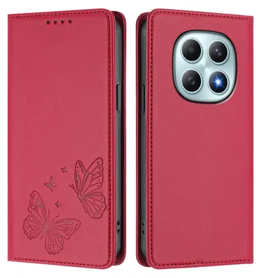 Produktbild von Lederhülle für Xiaomi Redmi Note 15 4G, Schmetterling Prägung Leder Brieftasche Schutzhülle mit Ständer Rot