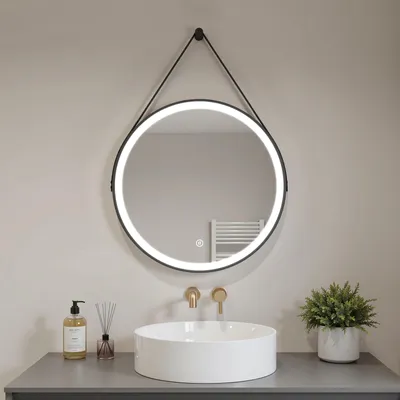 Produktbild von Heilmetz LED Badspiegel Rund 60 cm Schwarz Wandspiegel mit Beleuchtung, Dimmbar 3 Lichtfarben, Touch-Schalter & Verstellbares Lederband