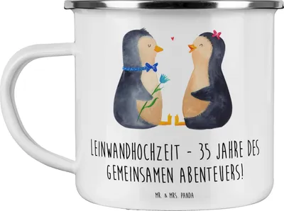 Produktbild von Mr. & Mrs. Panda Haferl 35. Hochzeitstag Leinwandhochzeit - Weiß - Geschenk, Meilenstein, Emaille Tasse, Teebecher, blechbecher, Teetasse, Heirat, Jubiläum, Heiraten