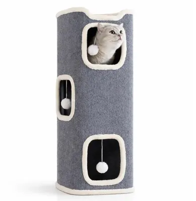 Produktbild von Katzenturm Kratztonne Katzenbaum Kletterbaum für Katzen Katzenmöbel 3 Ebenen Kratzbaum mit Spielbällen Kuschelhöhle Grau Groß