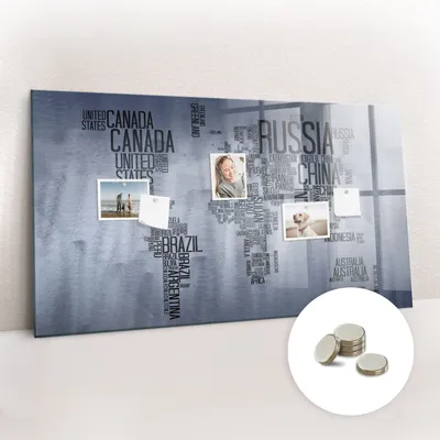 Obrázek produktu pro Magnetická Tabule na Zeď Skleněná - Memo Board Kleněnou Přední Stranou - 5 magnetů v balení - 120x60 cm - Mapa světa z nápisů