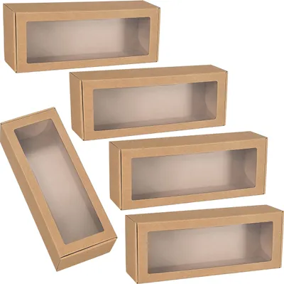 A group of five identical cardboard boxes with clear plastic windows, arranged in a scattered formation on a white background.