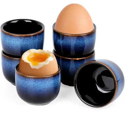 6er-Set Eierbecher aus Porzellan, Vintage Blau, handgebrannt