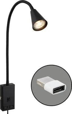 Zdjęcie produktu dla Lampka do czytania Briloner Justra, obrotowa, 2 porty USB, zasilanie sieciowe, czarna, 48,5 x 6 x 42,5 cm