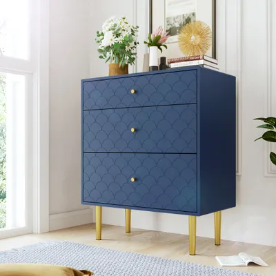A blue dresser with gold legs is shown in a room with a window and a rug.