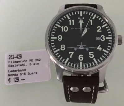 Produktbild von Messerschmitt - Fliegeruhr - Quarz Herrenuhr mit braunem Lederarmband, Ziffernblatt Schwarz - 262-42B