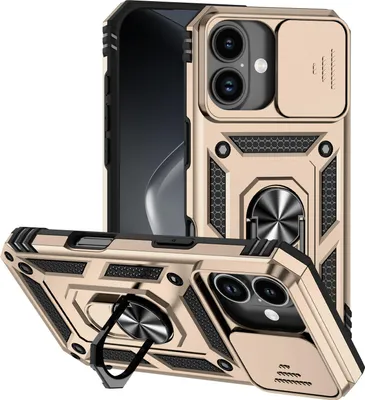 Image de Étui pour iPhone 17 étui double couche avec couvercle coulissant pour l'appareil photo et anneau de support Or