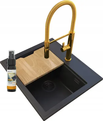 Produktbild von Granitan | Granit-Zlewozmywak FOXAL - Schwarz - Hochwertige Küche - Mit goldener Armatur