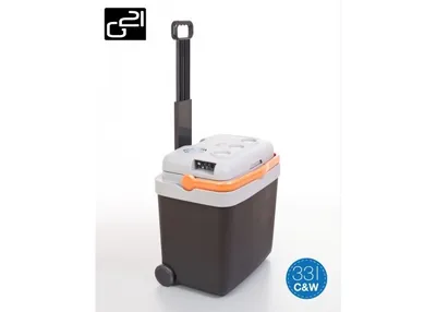 A portable cooler with a retractable handle and wheels, shown against a white background.