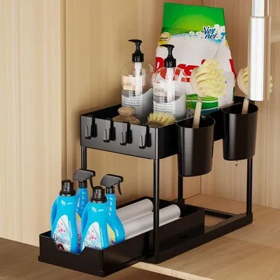 Produktbild von Schwarz 2-Etagen-Unterschrank-Organizer mit Schublade und Haken für Bad und Küche