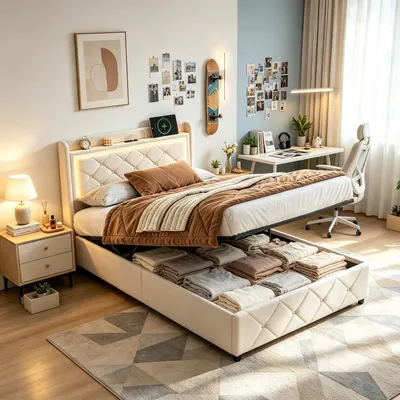 Obrázok produktu pre INONEFT čalúnená posteľ 90x200 cm, hydraulická posteľ s pružinami a čalúnenou opierkou, jednolôžková posteľ s LED osvetlením a USB portmi, detská posteľ s roštom, materiál: zamat, farba: béžová
