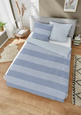 Produktbild von Dormisette  Melange Bettwäsche Streifen 2 teilig Bettbezug 135 x 200 cm Kopfkissenbezug 80 x 80 cm 9370_Fb50  uni Streifen blau