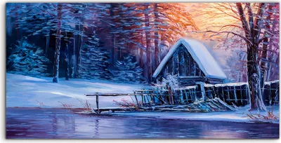Produktbild von Coloray - Glasbild - 120x60 cm - Wandbild - Glasbilder - Alte Hütte am Flussufer Im Winter Wald