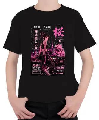 Immagine prodotto di Maglietta per bambini, colore nero, con scritta "Sakura JDM Japanese Pride Running Is An Art Anime Japan Y2K Drift", taglia 104