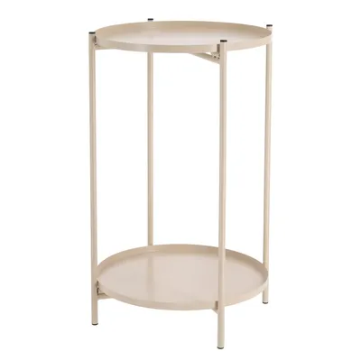 A cream-colored, two-tiered round side table with a metal frame, shown against a white background.