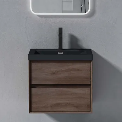 Immagine prodotto di doporro Mobile Bagno Sospeso Mobiletto Sottolavabo da 60cm Rovere marrone, Mobile Sottolavabo Include Lavandino Antracite in Marmoresina e 2 Cassetti Soft Close Seria Rimo