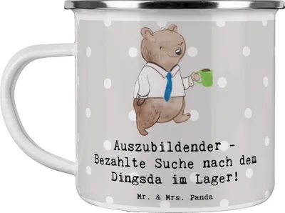 Produktbild von Mr. & Mrs. Panda Emaille Becher Auszubildender Abenteuer - Grau Pastell - Geschenk, Dingsda, blechbecher, Teetasse, handgefertigt, Berufsliebe, handgefertigte Geschenke
