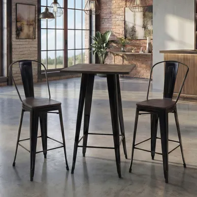Immagine prodotto di Set tavolo alto + 2x sgabello da bar HWC-A73 incl. piano del tavolo in legno, sgabello da bar, design industriale in metallo,  ~ nero