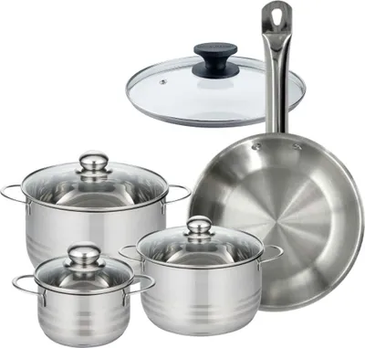 Image de Batterie de cuisine avec 1 poêle 28 cm et 3 faitouts 20/24/16 cm sans PFAS Fackelmann Eterna Brillant avec couvercles