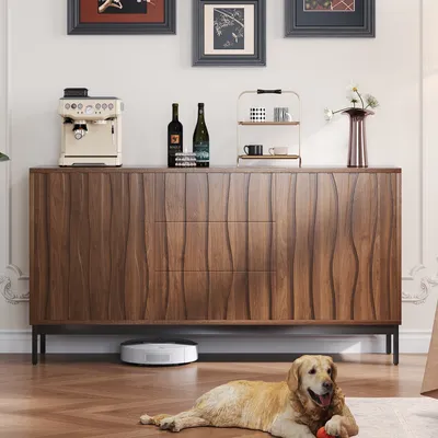 Productafbeelding van Abrihome dressoir/commode, 150 cm breed, met 3 lades en een open vak, donkere eikenhoutstructuur, geschikt voor de woonkamer