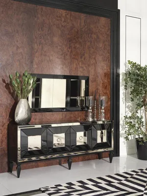 Produktbild von Komplette Sideboard Anrichte Schrank Spiegel Set Schwarz Holz Luxus