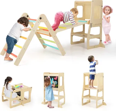 Collage of a wooden climbing triangle with a slide, a wooden table and chair set, and a wooden easel with a chalkboard, all featuring children interacting with them.
