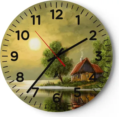 Produktbild von Wanduhr - Rund - Glasuhr - Boot Wasser Hütte - 30x30cm - Schleichendes Uhrwerk - Lautlos - zum Aufhängen bereit - Dekoration Modern - Wanddekoration aus Glas - C4AR30x30-3498