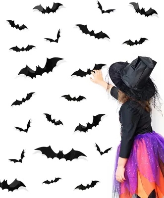 Image de Autocollants muraux en forme de chauve-souris en 3D, lot de 60, décorations de chauves-souris pour Halloween, décorations d'Halloween, autocollants de chauves-souris effrayants pour fenêtres et murs