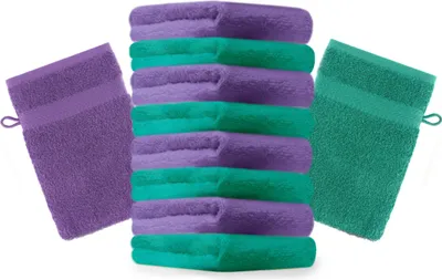 Produktbild von Betz 10 Stück Waschhandschuhe 16x21 cm PREMIUM 100% Baumwolle  Farbe: smaragdgrün und lila