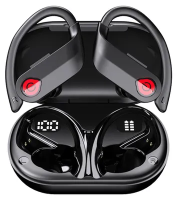 A pair of black wireless earbuds in their charging case.