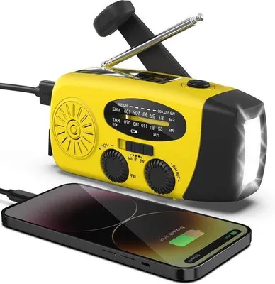 Obrázok produktu pre Solárne poháňané núdzové volacie zariadenie s lampou s dynamo – počasie rádio AM/FM s funkciou nabíjania cez USB