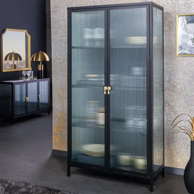 Produktbild von riess-ambiente Moderne Vitrine AMSTERDAM 160cm schwarz gold Riffelglas Metall Highboard Schrank Vitrinenschrank