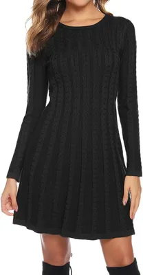 Produktbild von Gestricktes Damenkleid mit Rundhalsausschnitt und langen Ärmeln, schwarz, geeignet für Freizeit und den Winter